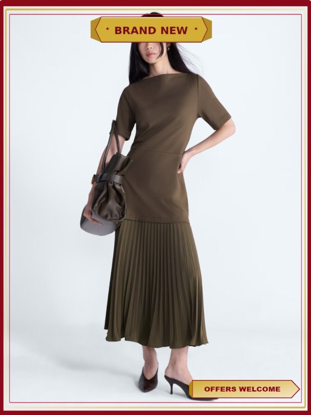 Mixed Media Maxi Dress Dolman Sleeve Ponte Knit Pleated Gathered Pockets